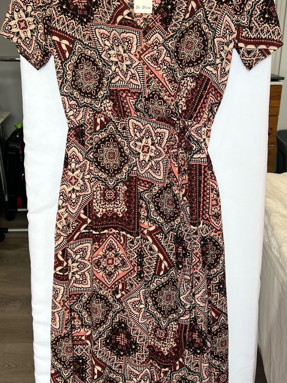 Boho Wrap Maxi Dress in Burgundy Pink Print